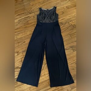 R&M Richards blue wide leg evening jumpsuit with sequinsed top zipper on back